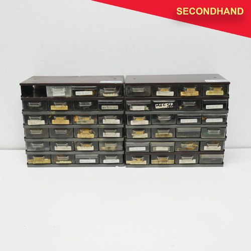 Lot of Assorted Electronic Components including Semi Conductors, Resistors & Capacitors in Cabinets [B] (secondhand)